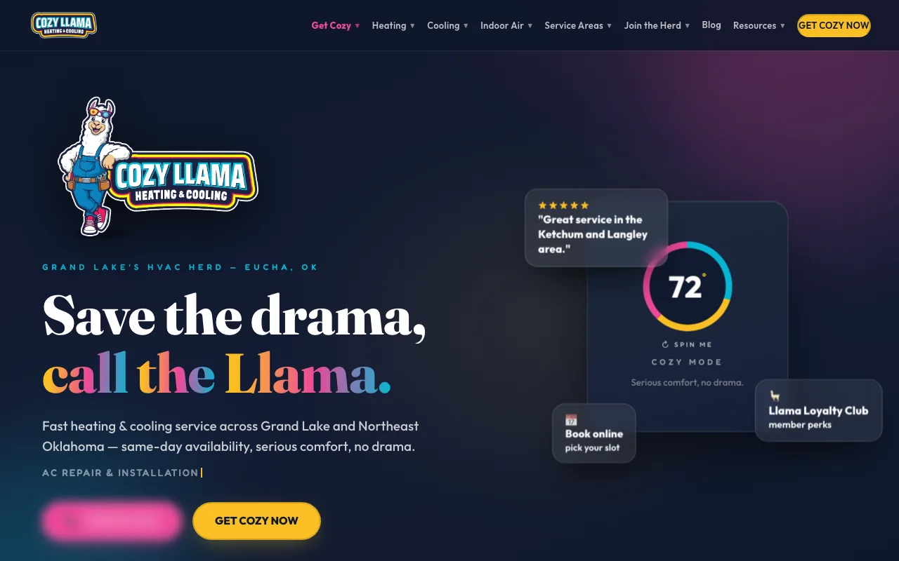Cozy Llama's website on a desktop screen
