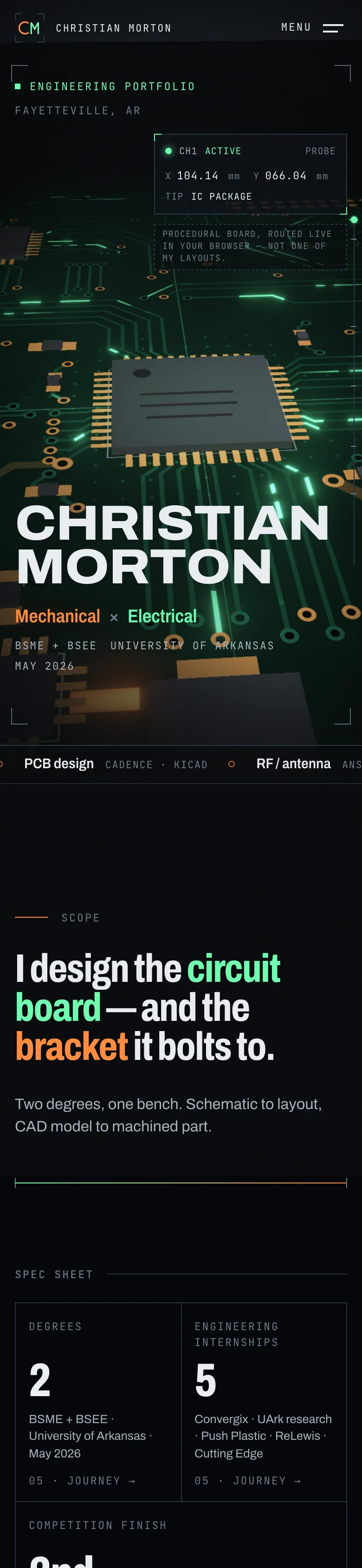 saltycap.xyz, an engineer's portfolio on a phone, full page